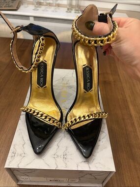 Jessica Rich Black Patent Pointed Toe Heels with Gold Chain Accents